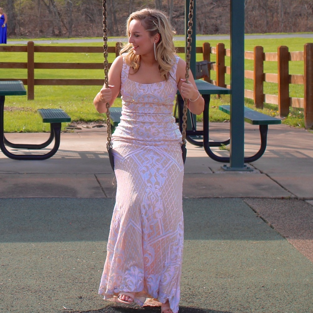 Cream and White Sparkly Prom Dress